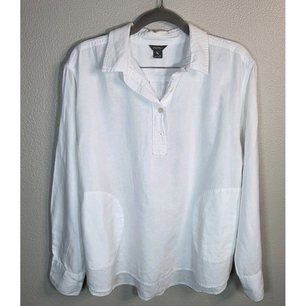 Eddie‎ Bauer Linen Blend White Pullover Shirt Womens Medium Relaxed Coastal Top